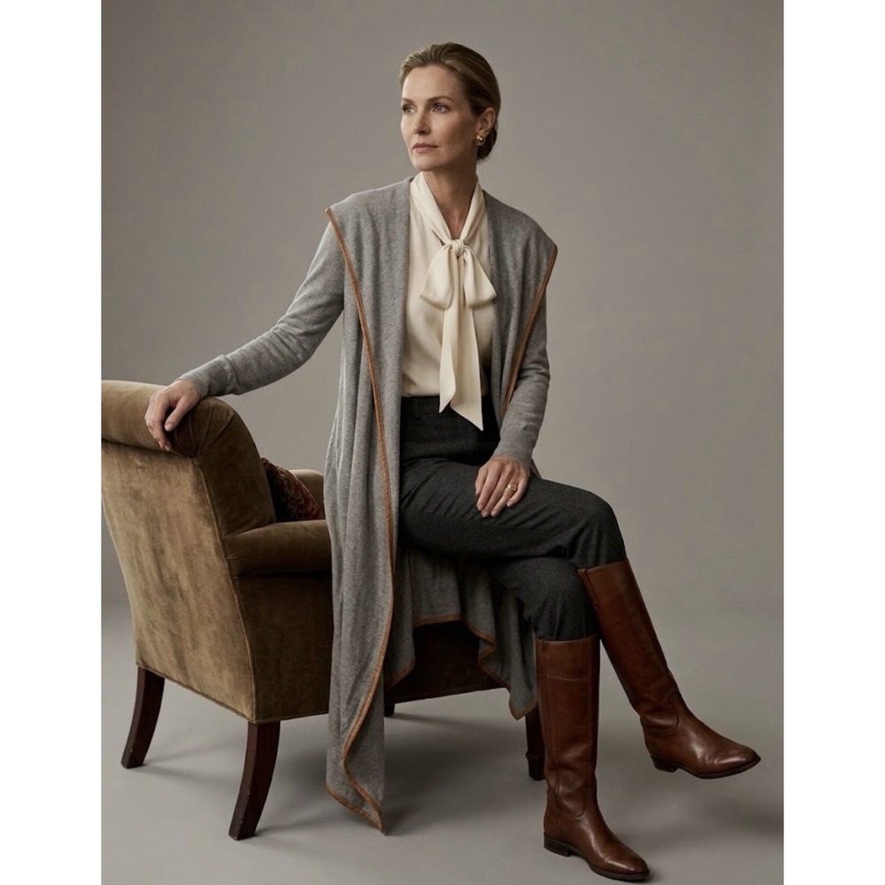 Ralph Lauren Leather Trim Wrap Hooded Cashmere Blend Cardigan Gray Women's Sz S
